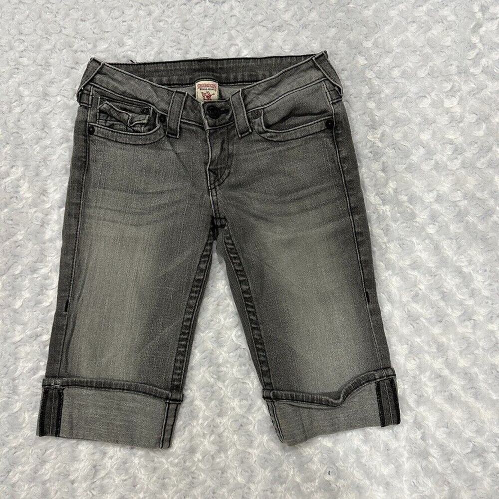True Religion Denim Shorts Women 28 Gray Cuffed Bermuda Sophie Vtg Y2K Made USA